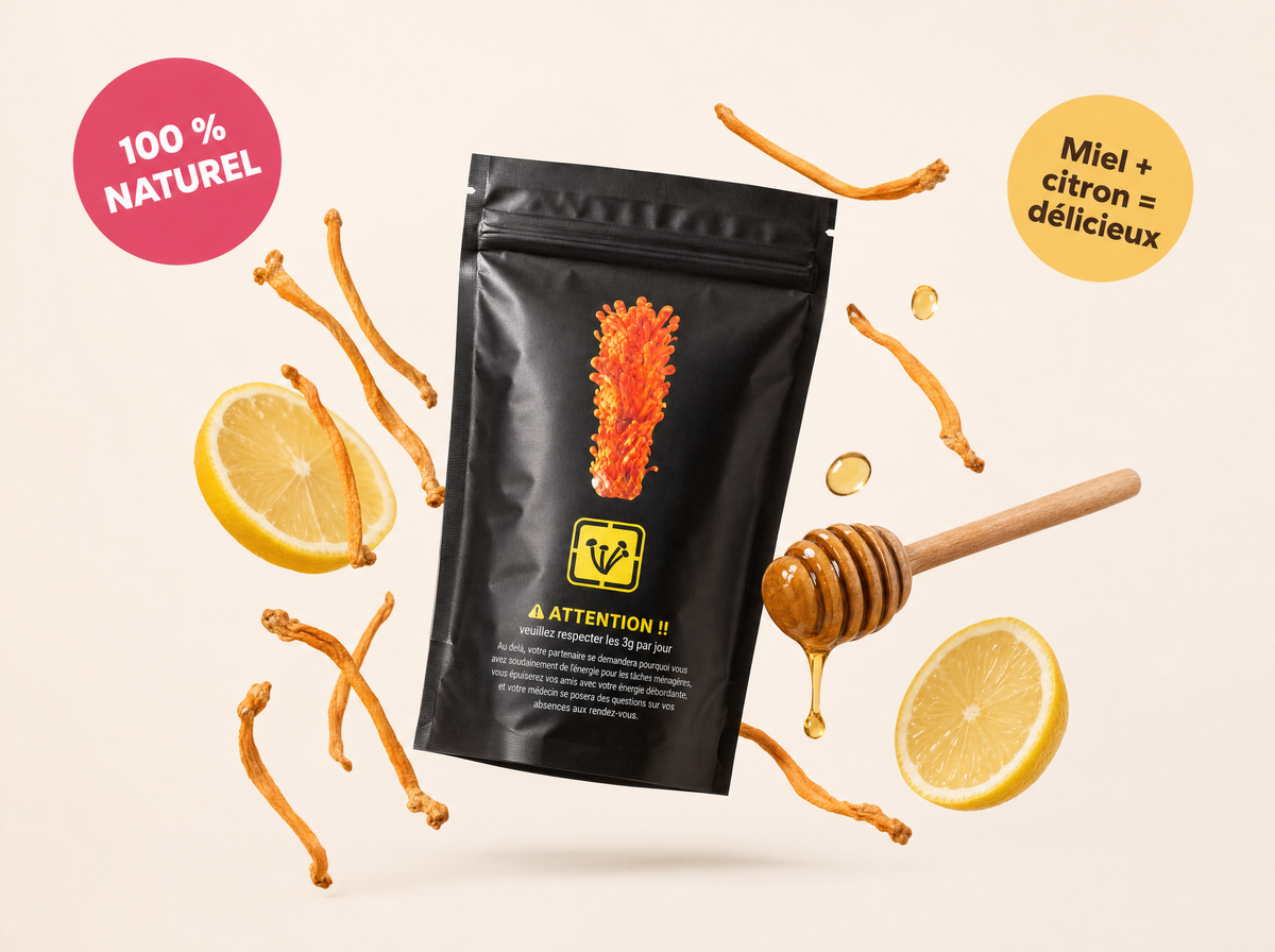 Paquet de cordyceps entouré de miel, citron et cordyceps
