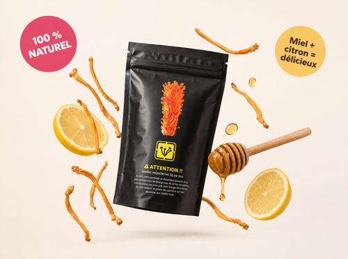 Paquet de cordyceps entouré de miel, citron et cordyceps