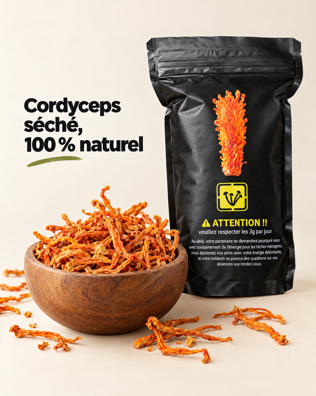 Cordyceps séché dans un bol en bois