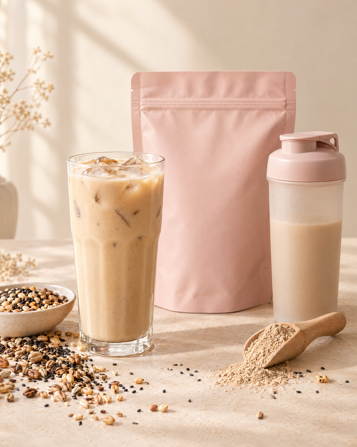 Latte coréen aux céréales grillées dans un verre, à côté du sachet et du shaker